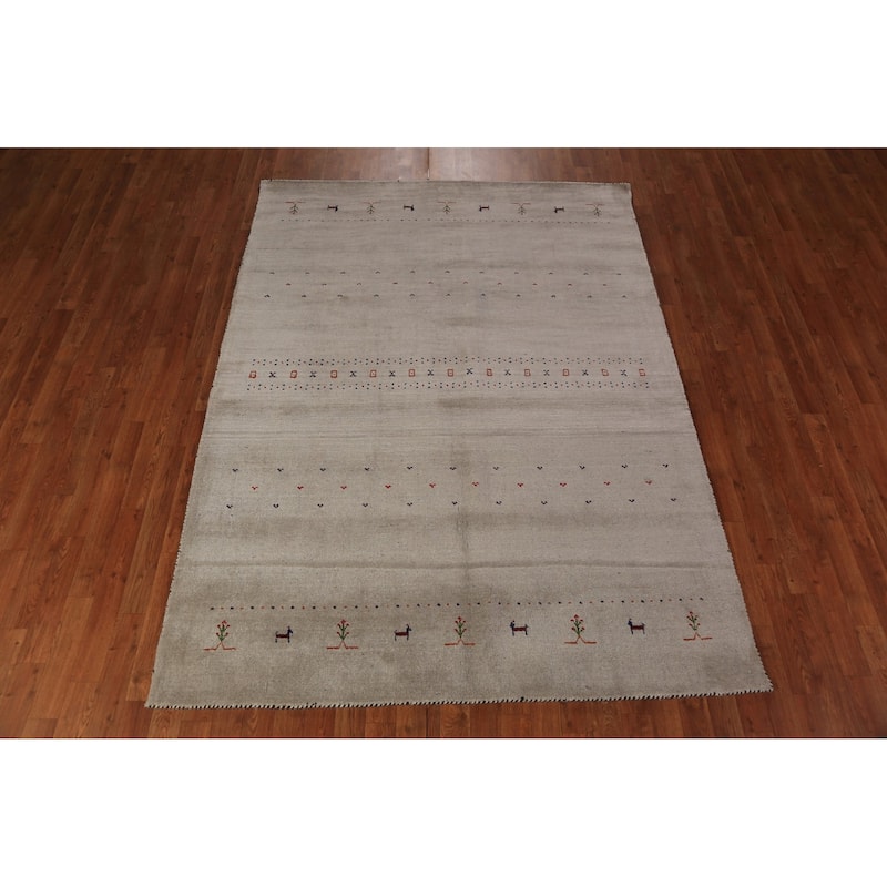 Tribal Gabbeh Area Rug Hand-Knotted Beige Wool Carpet - 5'8" x 7'9"