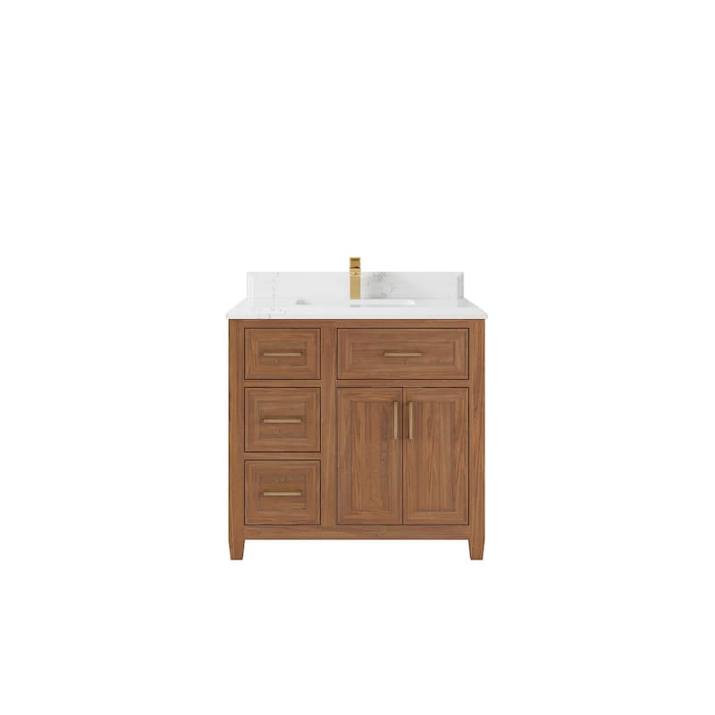 Willow Collections 36 in. W x 22 in. D Santa Monica Teak Bathroom Vanity Center with Countertop - 1.5”Empira White - Dark Natural Teak