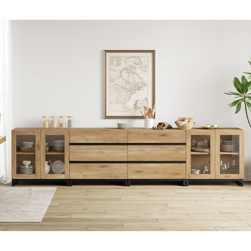 4 in 1 Modern Sideboard with Glass Doors and 6 Drawers Adjustable Shelves Coffee Bar Storage Cabinet for Living Room, Kitchen