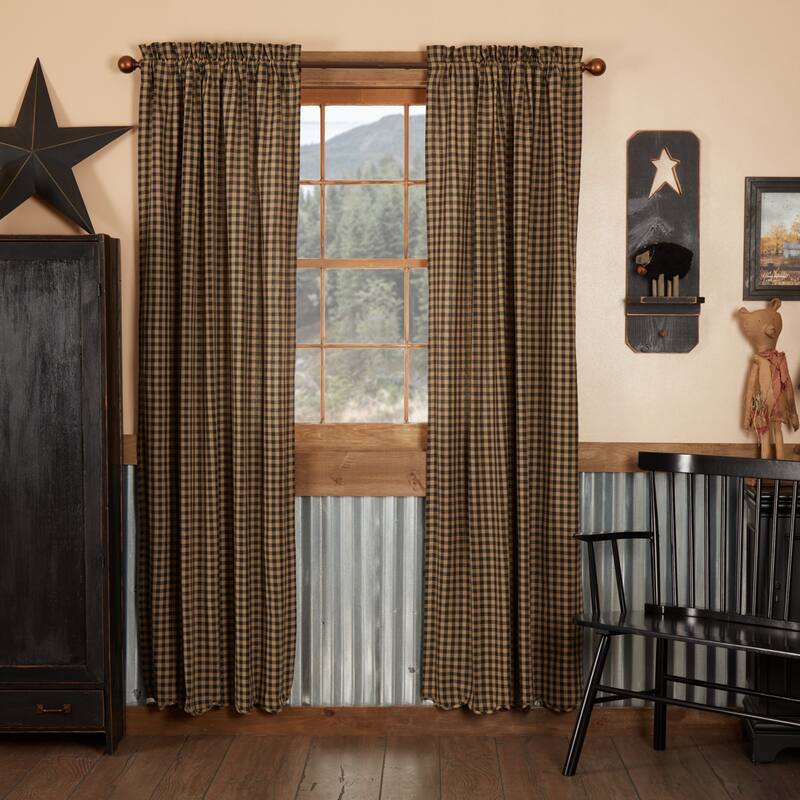 Primitive Curtains VHC Check Panel 84x40 Pair Rod Pocket Cotton - Panel 84x40 - Raven/Khaki