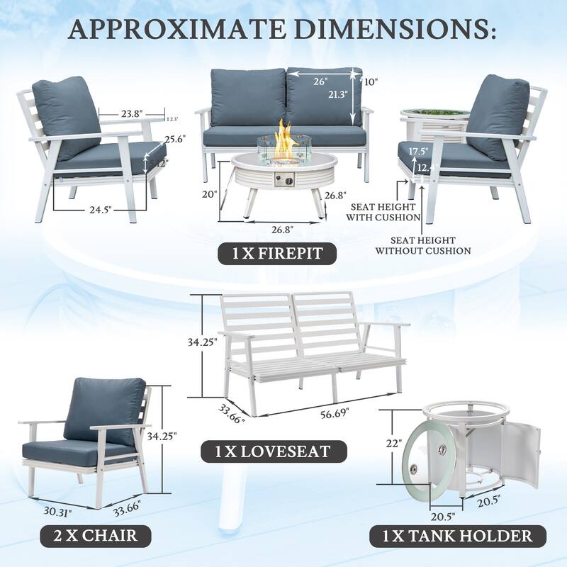 Walbrooke Outdoor Patio Furniture Set with Aluminum Frame Polyester Upholstered Seating and 37000 BTU Propane Burner