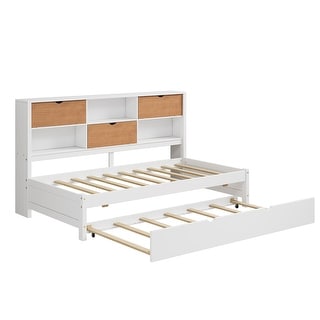 Twin Size Captain Bed Daybed with Trundle and Flip-top Storage Backrest for Small Room, White Wooden Frame Storage Bed