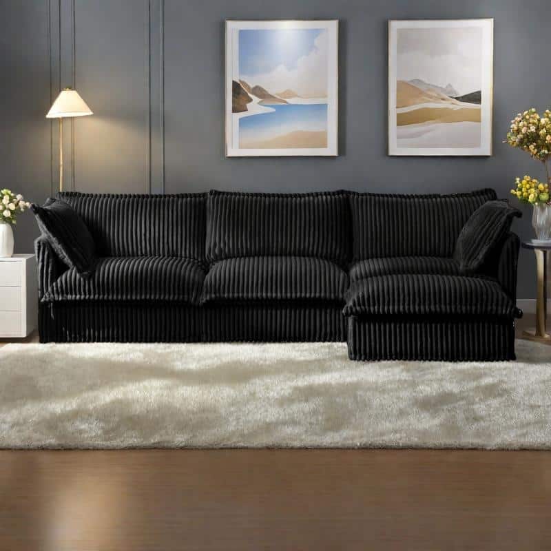 120" Corduroy L-Shaped 3-Seater Sectional with Convertible Ottoman, Removable Slipcover and Cloud-Like Cushions - Black