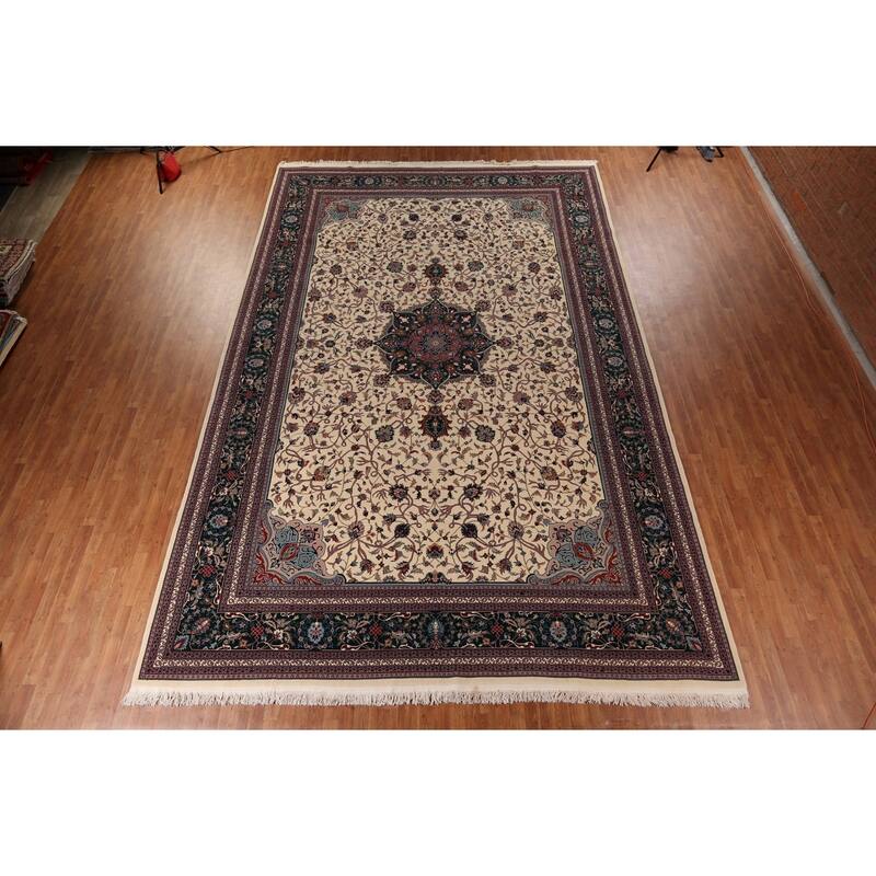 Vegetable Dye Floral Agra Large Indian Rug Hand-Knotted Wool Carpet - 11'6" x 17'9"