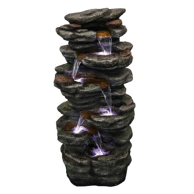6-Tier Rock Water Fountain w/LED Lights - Outdoor Waterfall for Garden
