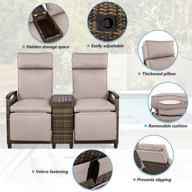 Outdoor Patio Recliner Loveseat Chair with Adjustable Backrest, All Weather 2 Seater PE Wicker Lounge Chair with Storage Box