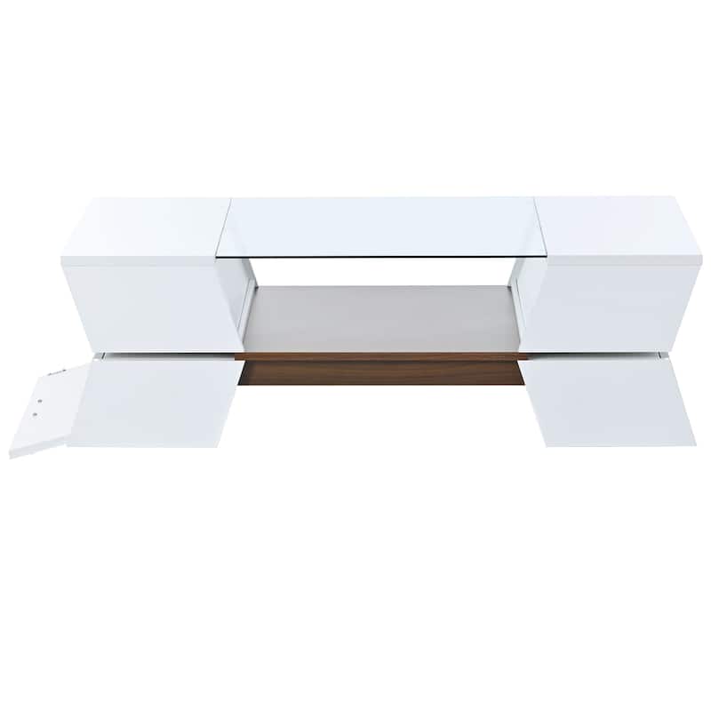 Roomfitters Glass-Top Coffee Table with Open Shelves and Cabinets, Modern 2-Tier Center Table with Storage for Living Room
