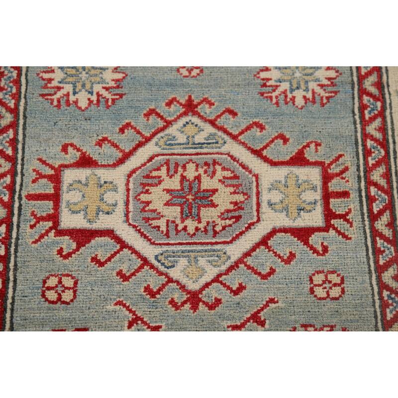 Light Blue Kazak Runner Rug Hand-Knotted Geometric Wool Carpet - 2'7" x 13'1"