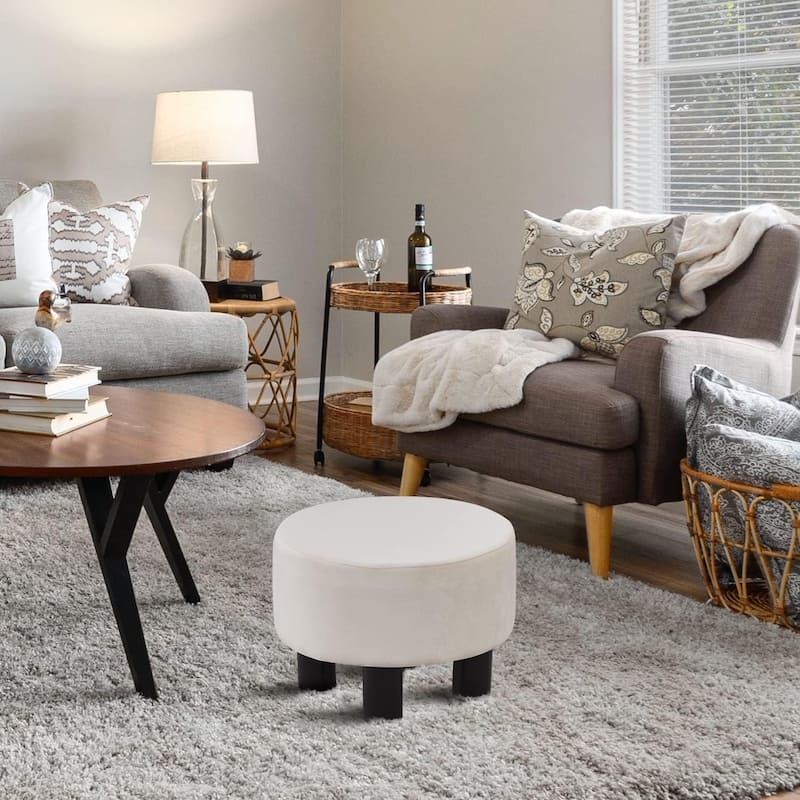 Modern Small Round Linen Ottoman Footstool with Wooden Legs for Bedroom or Living Room