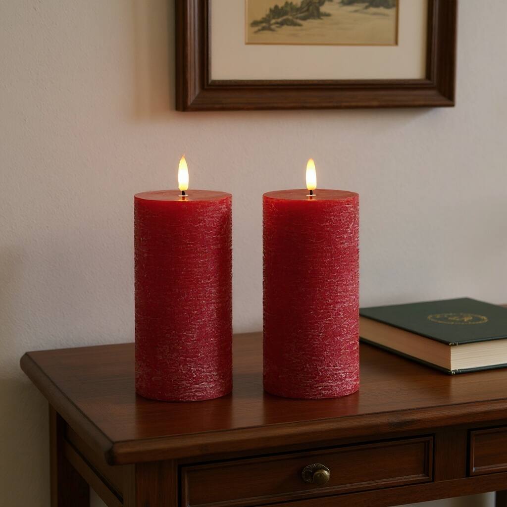 Set of Two Red Flameless Pillar Candles