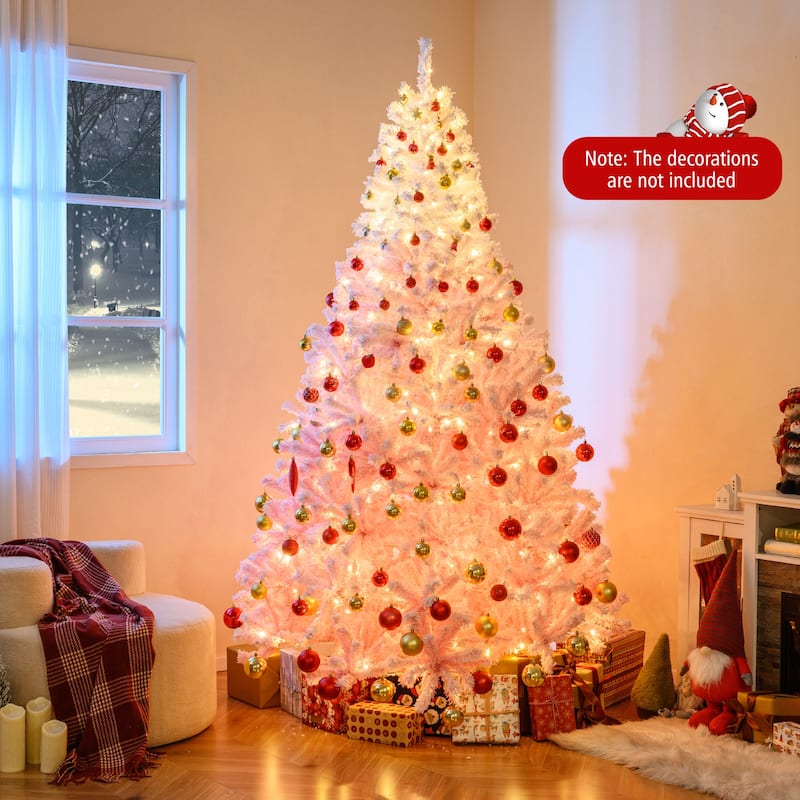 5/6/7/8 FT Pre-Lit Snow Flocked Christmas Tree Artificial Pink Tree - Pink+White