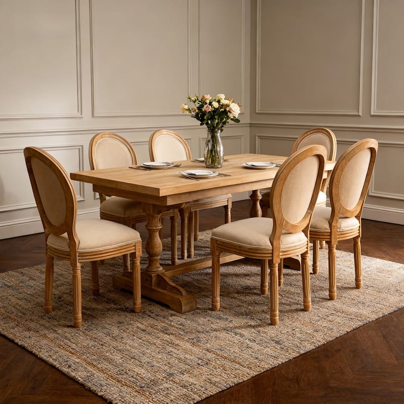 Anmytek French Style Oval Back Dining Chairs Set of 2 Solid Wood Frame Linen Upholstered Beige