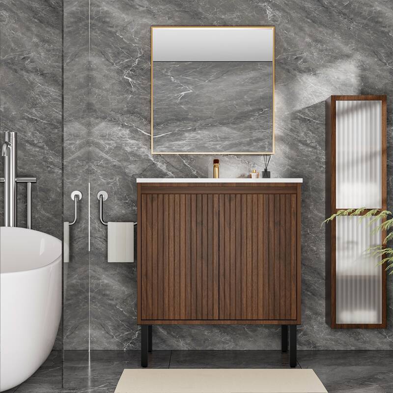 GDFStudio - Ari Modern Aesthetic Freestanding Bathroom Vanity with Ceramic Sink, Soft Close Drawers & Large Storage Spaces
