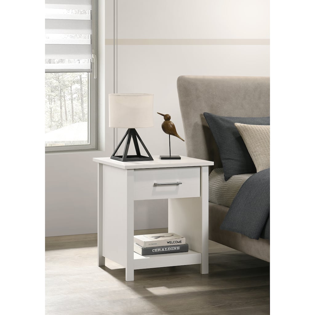 White 1-Drawer Nightstand with Open Shelf and Metal Handles