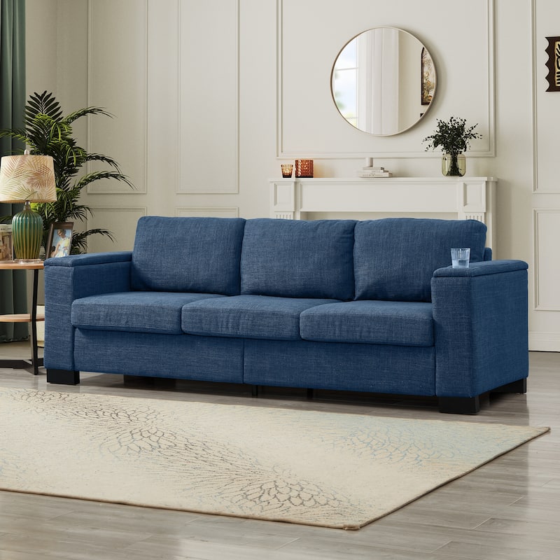 Fabric Upholstered 3 Seater Couch Deep Seat Storage Lounge Sofa with Square Arm and Cup Holders for Living Room