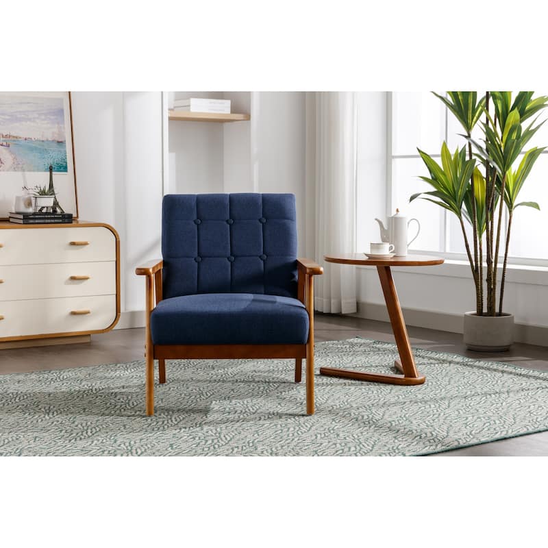 Linen/PU Upholstered Tufted Living Room/Bedroom Accent Chair With Wood Legs - Navy Blue+Linen