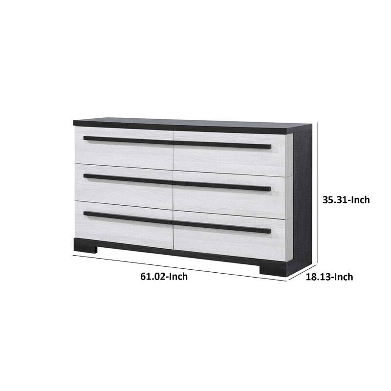 Ruthe Wide Dresser with 6 Drawers, Ebony Black, White Wood