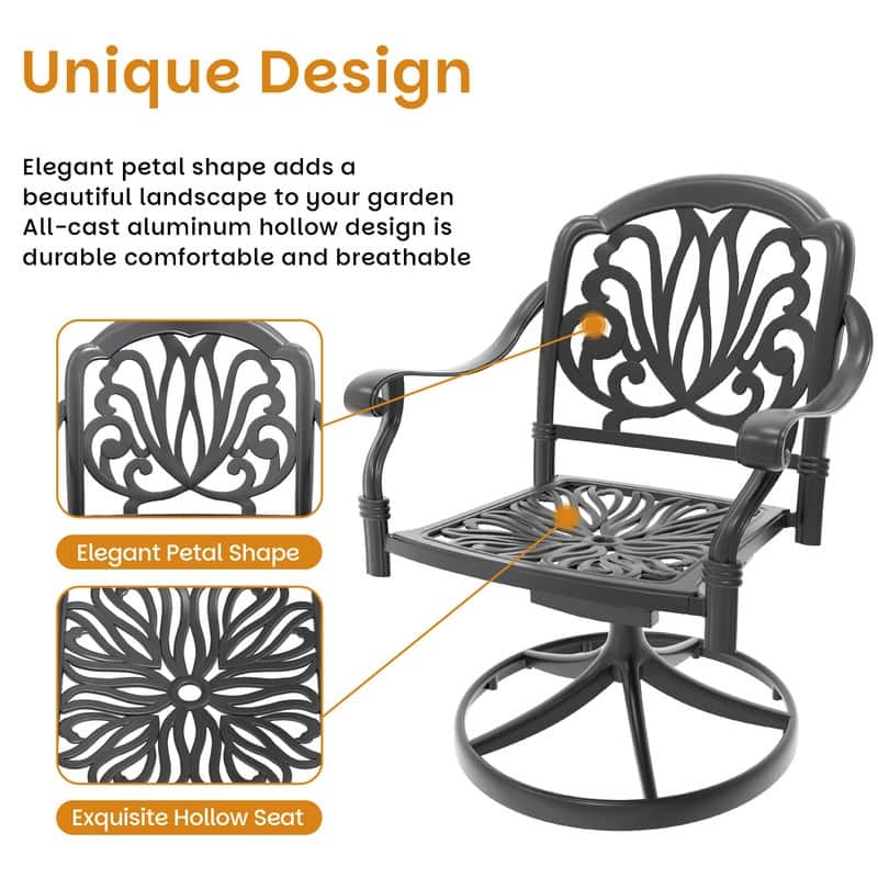5-Piece Aluminum Round Outdoor Patio Dining Set, 4 Cushioned Swivel Chairs, Table, All-Weather Frames
