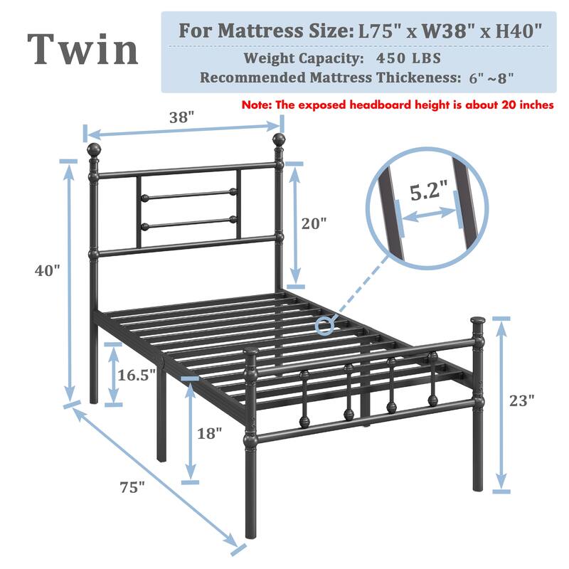 Black Metal Bed Frame with Headboard and Underbed Storage, Easy Assembly