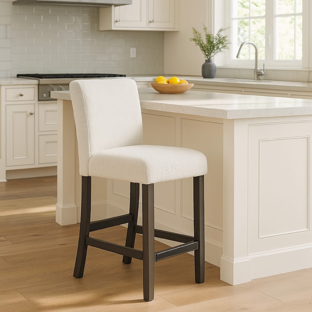 Ghy Counter Height Chair Set of 2, White Fabric, Solid Acacia Wood