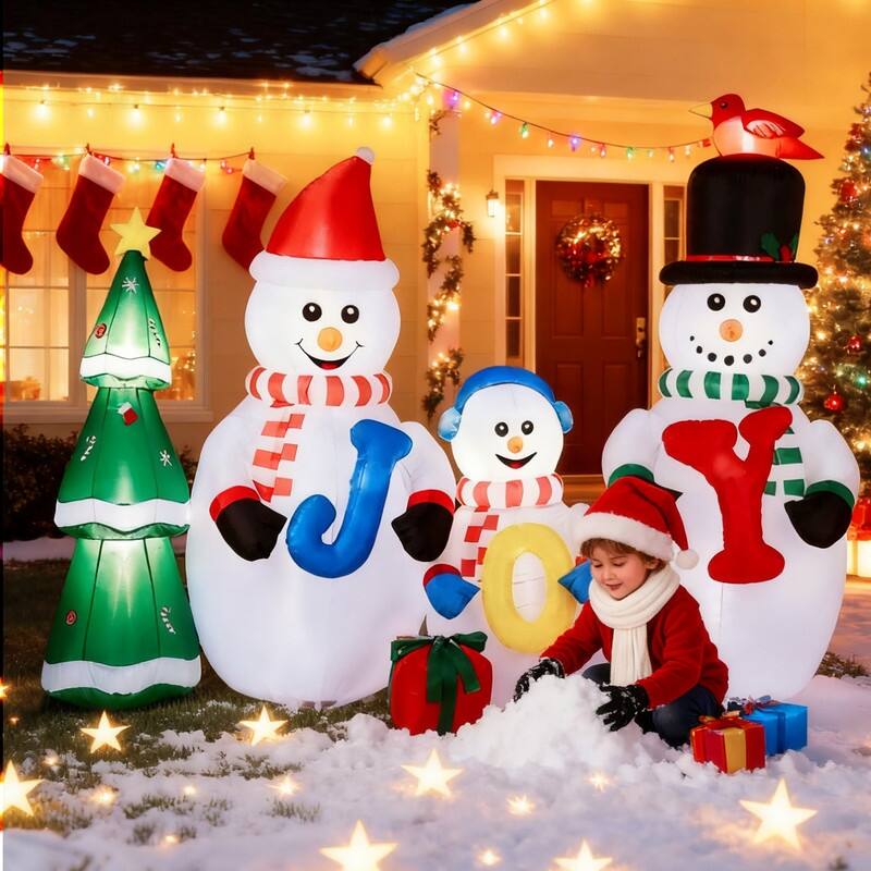 8FT Lighted Christmas Inflatable Decoration Snowman Family with JOY and Xmas Tree