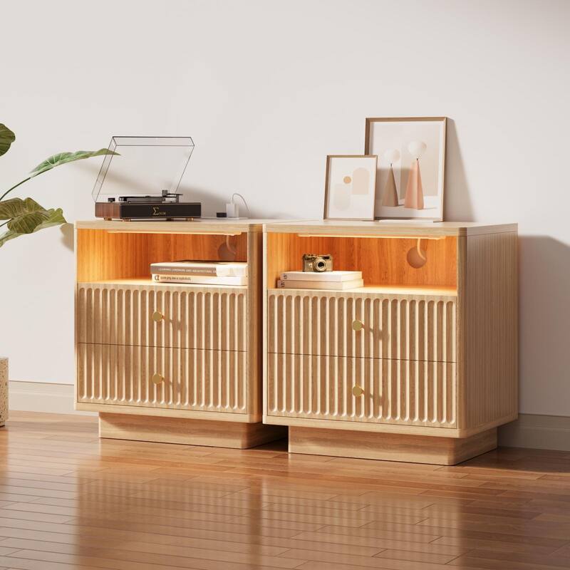 22''.72 W LED Sensor Nightstand w/Storage and Built-in Charging Station - Natural