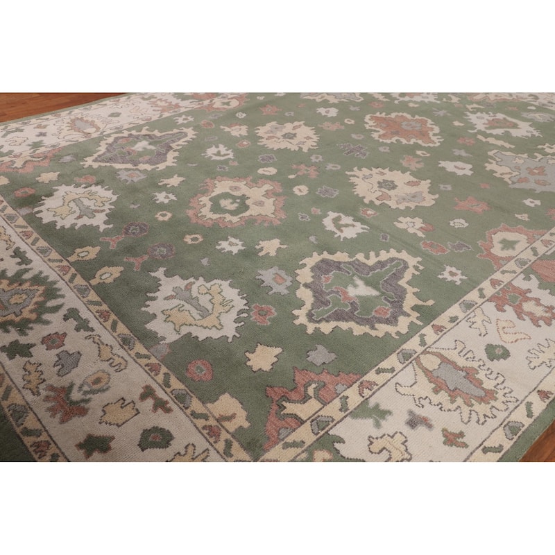 Green & Ivory Floral Oushak Oriental Area Rug Handmade Wool Carpet - 9'1" x 11'11"