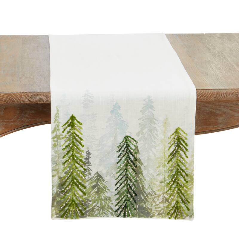Printed And Beaded Trees Table Runner - 16"x72" - White - 16"x72"