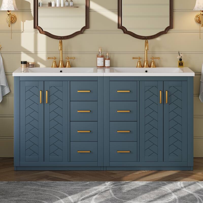60''Vanity With Ceramic Sink Combo,Solid Wood Frame Storage Cabinet,Freestanding Vanity Set With 3 Drawers& Soft Closing Doors