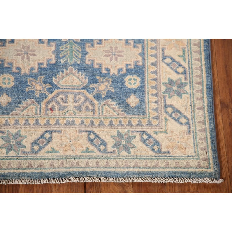 Blue Geometric Kazak Accent Rug Handmade Oriental Wool Carpet - 2'7"x 4'0"