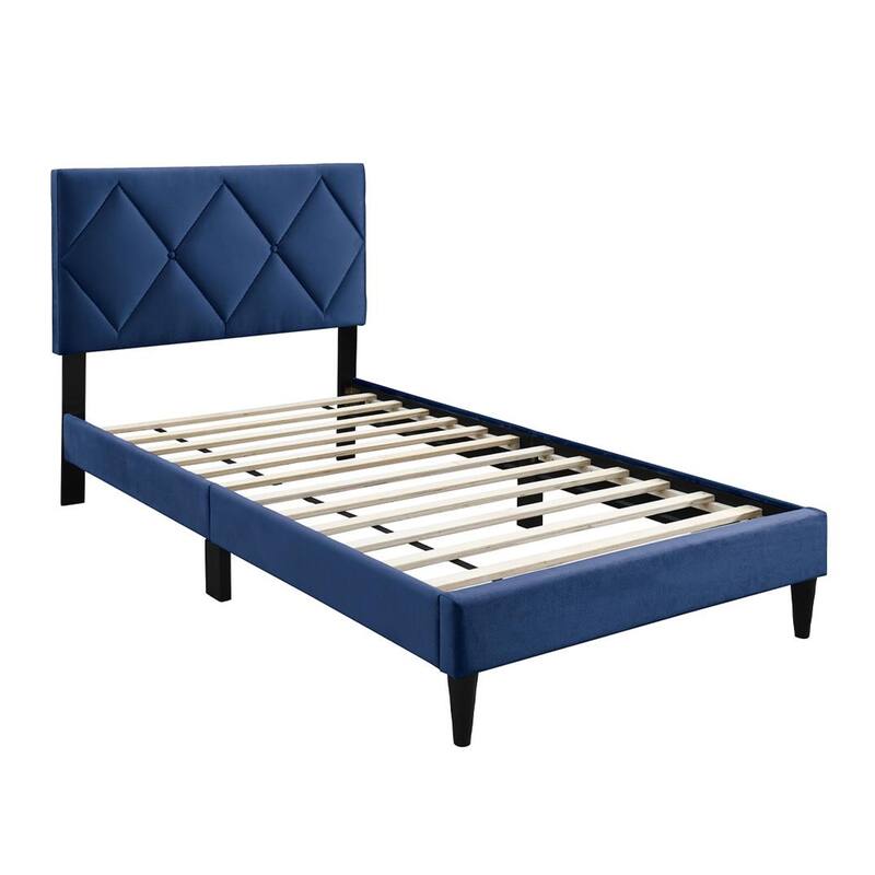 Lilian Full Bed, Tufted Navy Blue Velvet Upholstery, Diamond Stitch