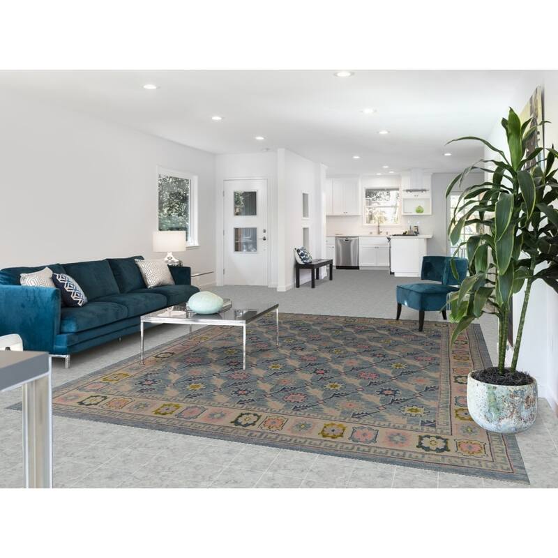 Hand Knotted Oriental 100% Wool Carpet Transitional All-Over Navy Blue & Blues Oushak Area Rug - 10' 10'' X 8' 2''