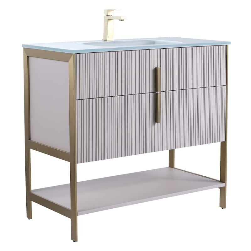 Fine Fixtures Serenity Modern Bathroom Vanity with White Glass Top - Bright Taupe - Brass Hardware - 36 inch