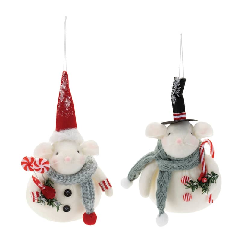Plush Mouse Christmas Ornaments - 7.75" - White and Red - 12ct