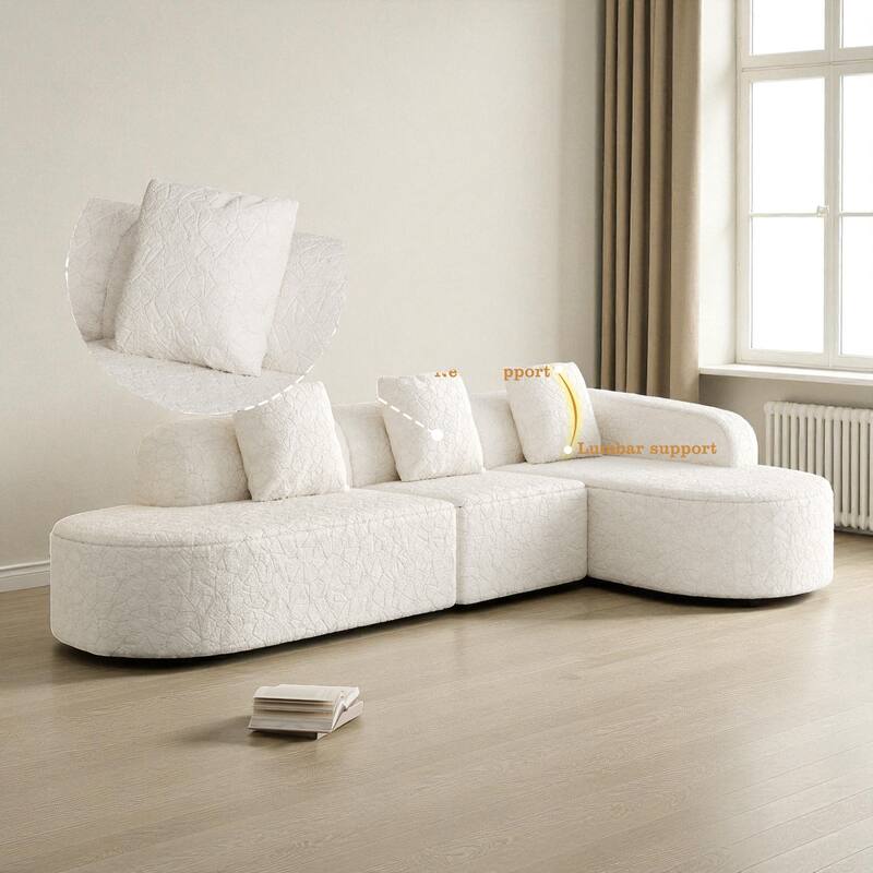 111.8" Curved L-Shaped Modular Sofa with Lychee-Textured Long-Pile Polyester Fabric and 3 Pillows for Living Room