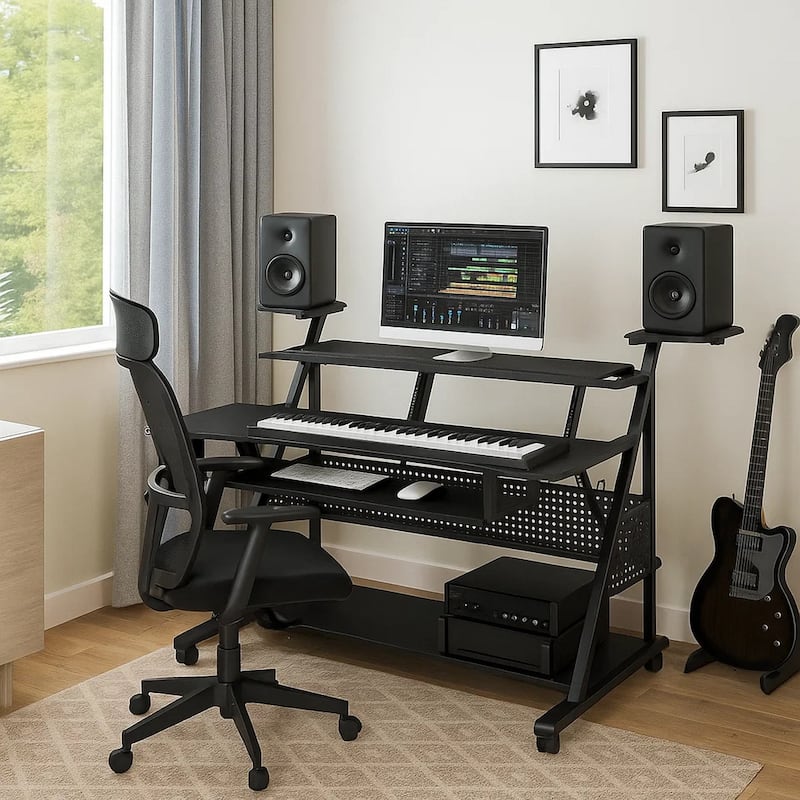 Gia 67 Inch Music Desk Studio Workstation, Keyboard Tray, Shelves, Black