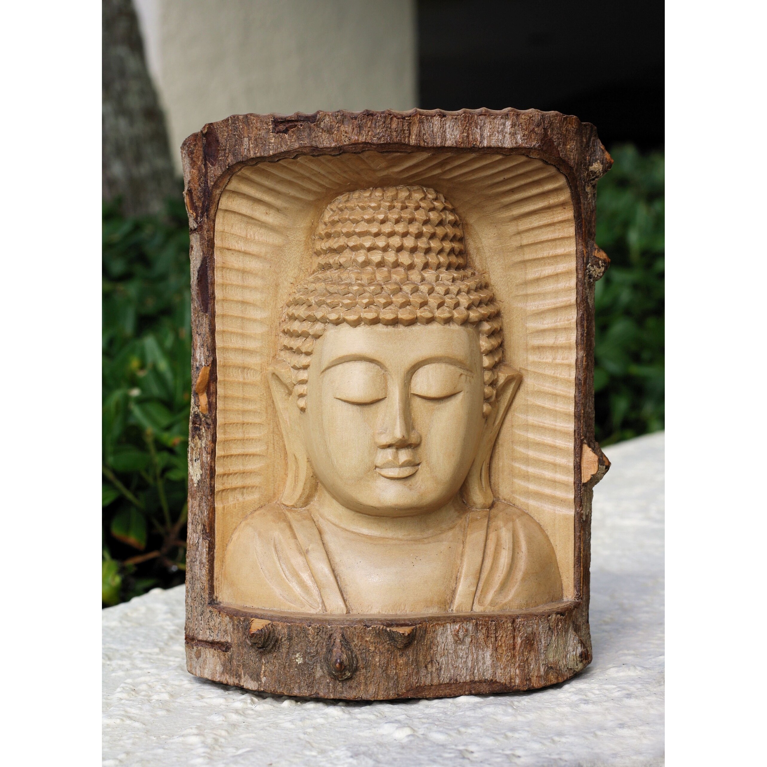 Wooden Wall Mask Serene Buddha Head Statue Hand Carved Seashell