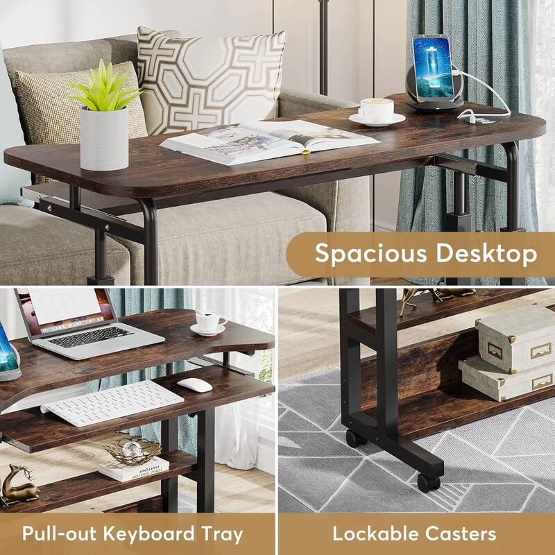 32" Portable Desk with Power Outlets, Height Adjustable Side Table, Rustic Brown.