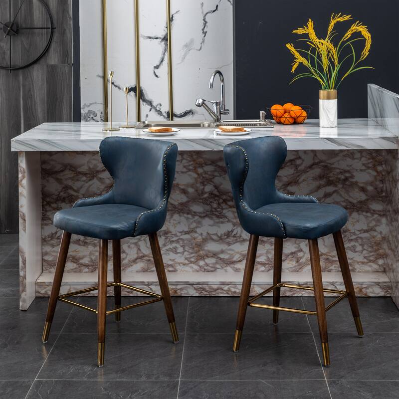 Stylish and Comfortable Counter Stool Set with Tufted Back and Nailhead Trim, Perfect for Any Kitchen or Bar Area. - Blue-1