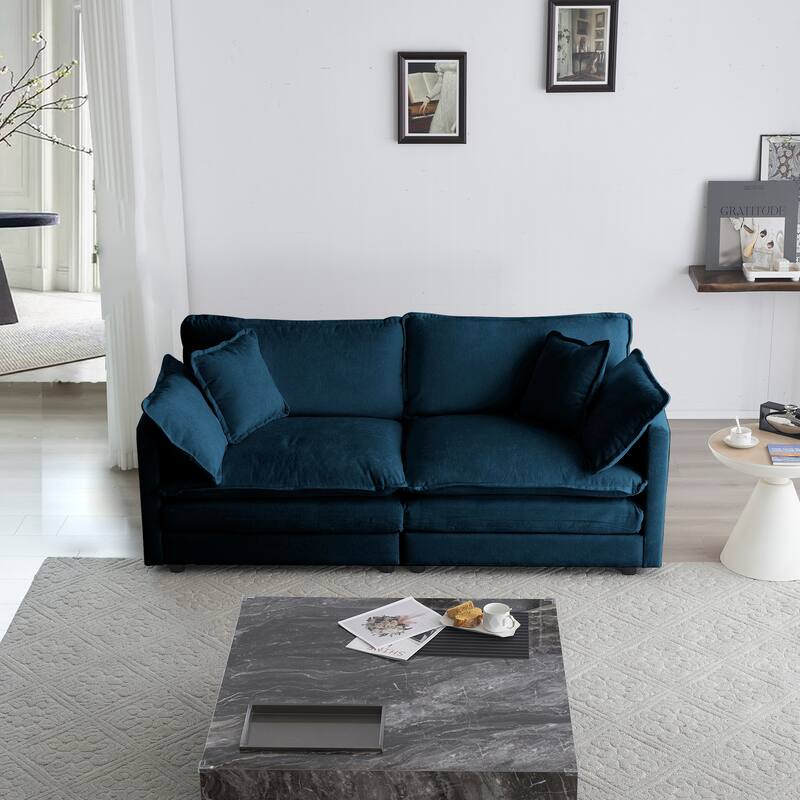 Chenille Fabric Loveseat Sofa, 2-Seat Couch with Deep Seat and Solid Wood Frame, Upholstered Couch Settee with Pillows - Blue