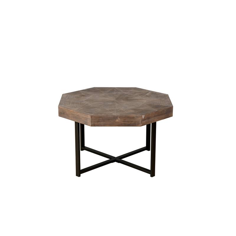 30 Inch Wood Octagonal Vintage Patchwork Craft Farmhouse Coffee Table with Cross Metal Legs