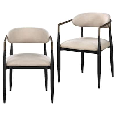 Beige Fabric Upholstered Armchairs with Black Wood Legs Set of 2 Open Back - 23” x 23” x 31” (D x W x H)