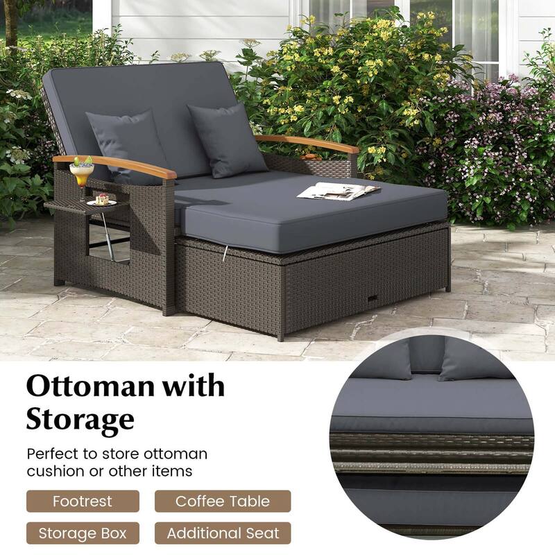 Costway Patio Rattan Daybed Set with Cushioned Loveseat & Storage - See Details