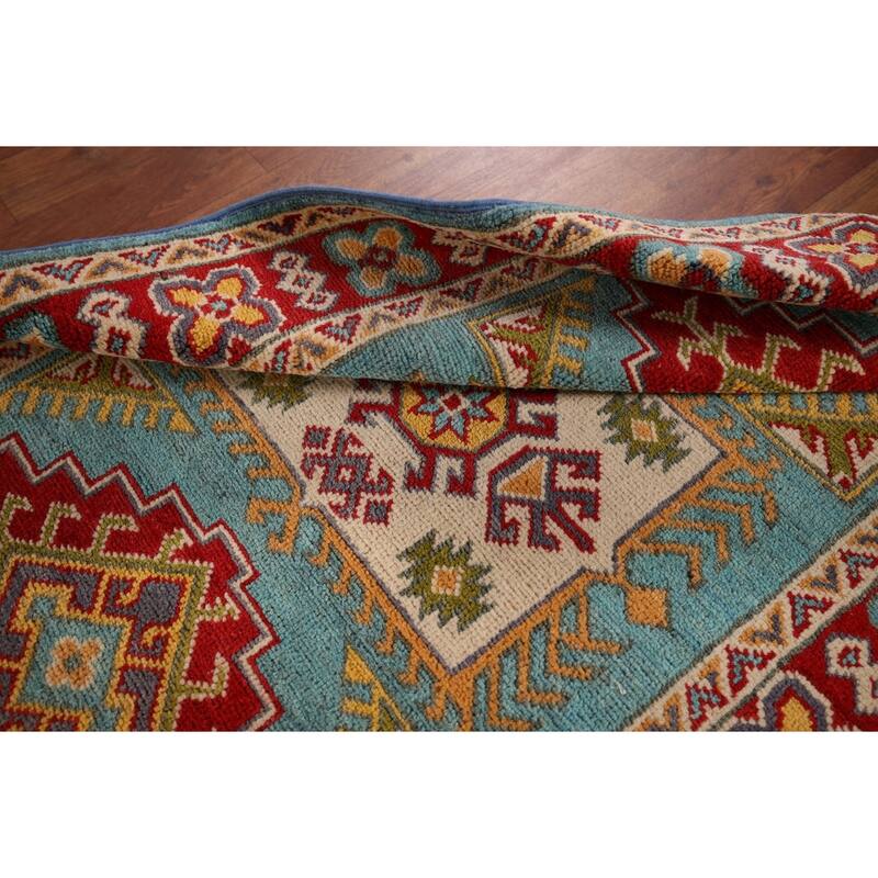 Geometric Blue Kazak Oriental Accent Rug Hand-Knotted Wool Carpet - 2'8" x 3'10"