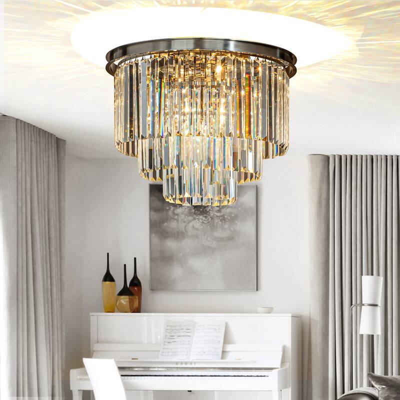 6-Lights Modern 3-Tier Round Fringe Crystal Flush Mount Light