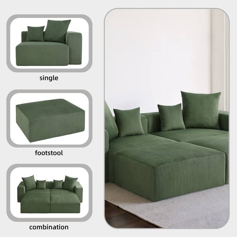 4-Piece Modern Corduroy Modular Sectional Sofa Set with 4 Throw Pillows