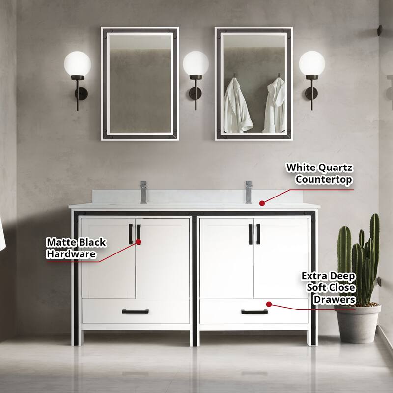 Ziva Bath Vanity, White Quartz Top, Faucet Set and Mirrors