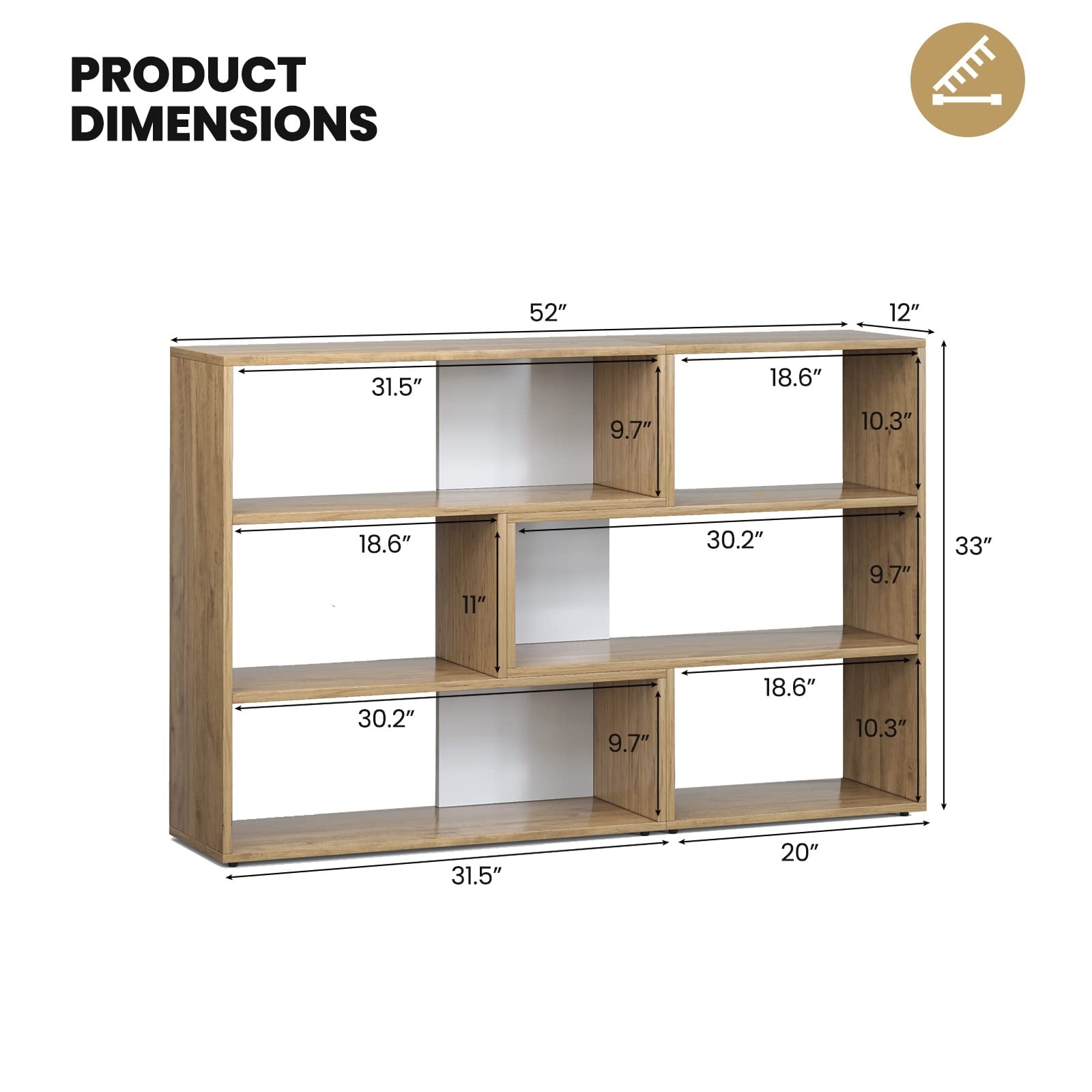 6 Cubes Bookcase, 3-Tier Wood Freestanding Short Horizontal