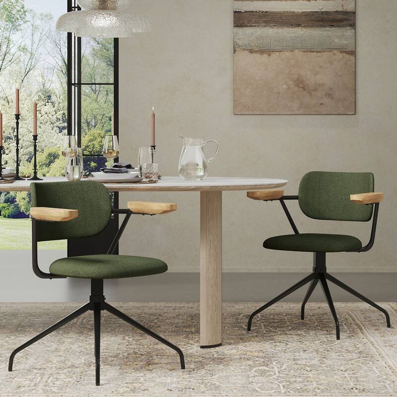 Modern Upholstered Swivel Chair With Solid Wood Arms And Metal Frame - Green