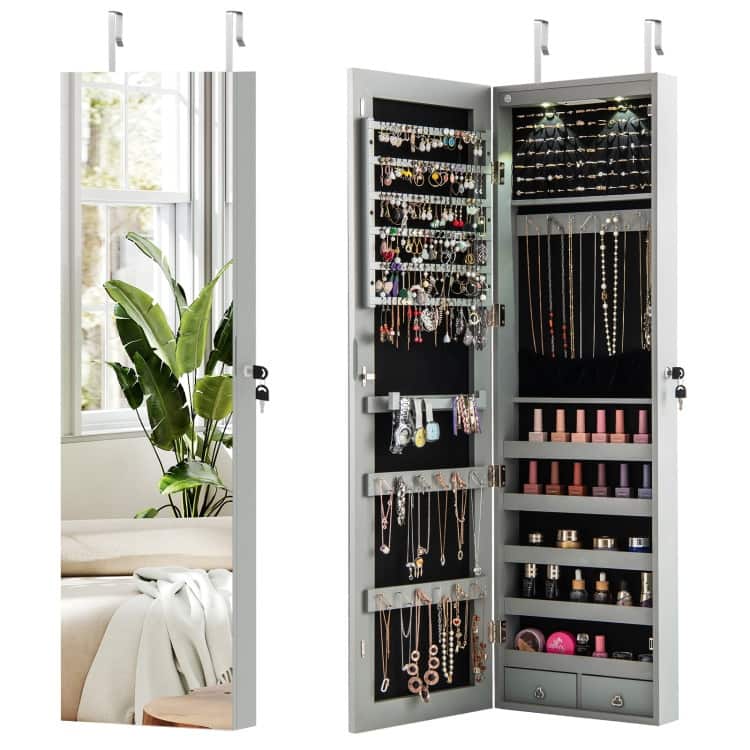 LED Lights Wall and Door Mounted Jewelry Storage Lockable Cabinet with Full Length Mirror - 14" x 4" x 54.5" (L x W x H) - Grey